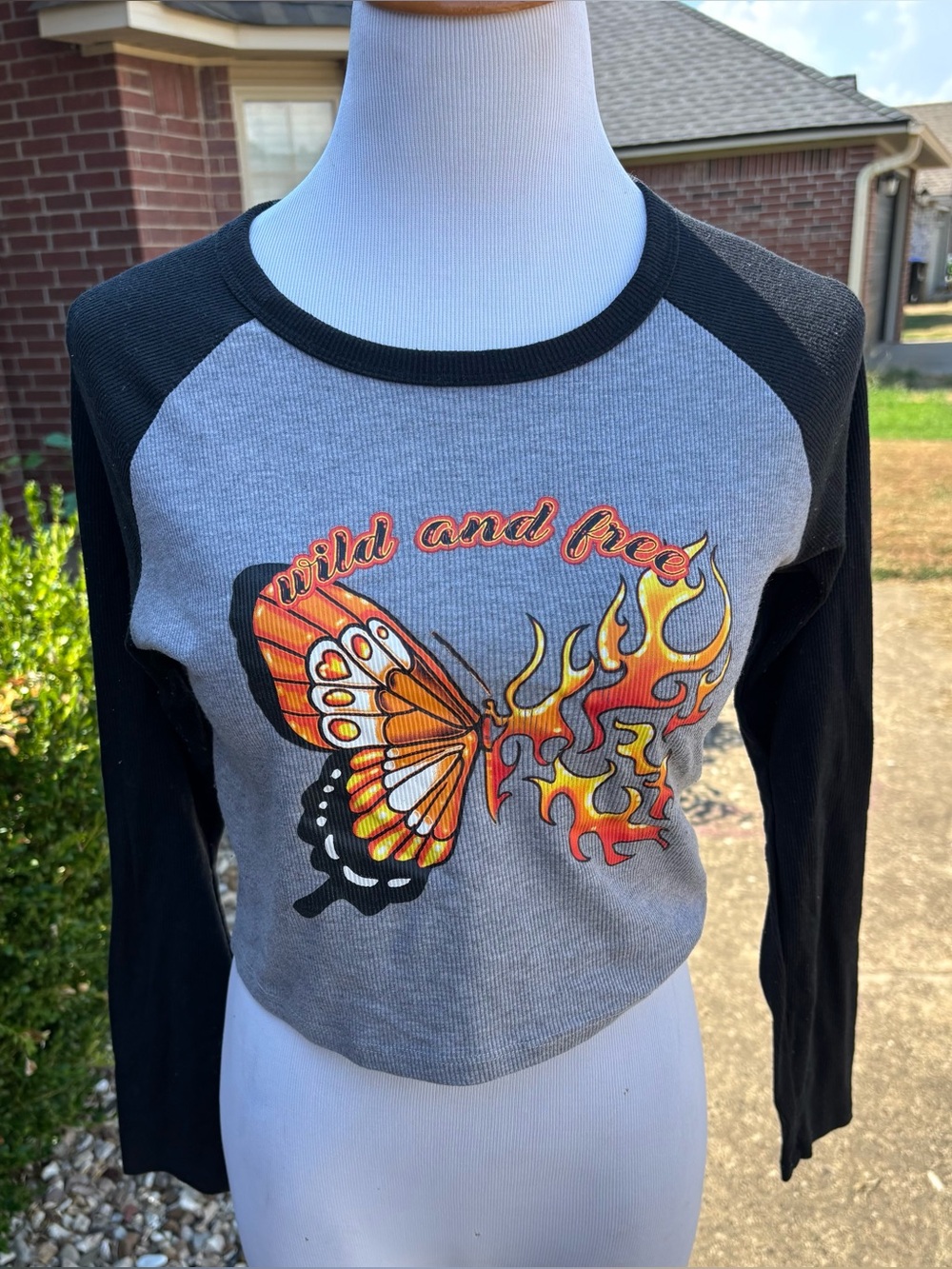 Wild and Free Black & Gray Butterfly Raglan Long Sleeve Tee